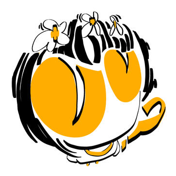 A circular icon of a doodled person with a bobcut, flower crown, and yellow glasses.
